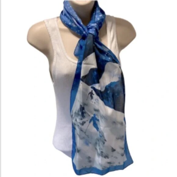 SKI SLOPES Mountain Snow Alps Scarf ITALY Blue White 44 x 12 inches - Picture 1 of 14